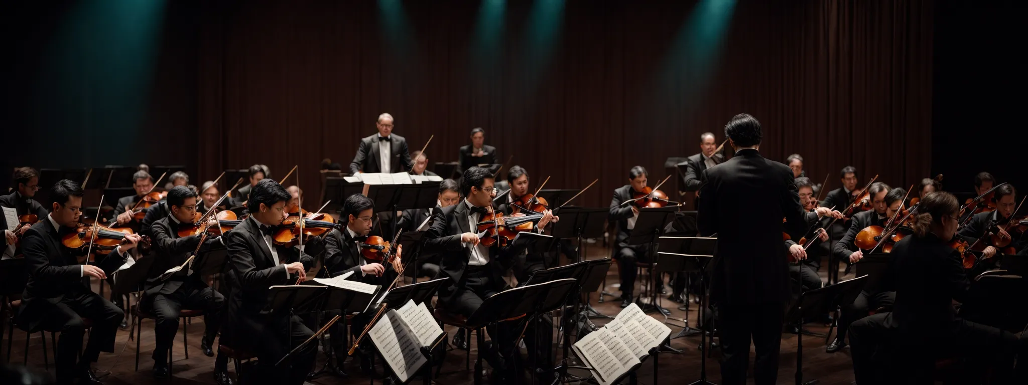 A Maestro Leads An Orchestra On Stage Under A Grand Spotlight.