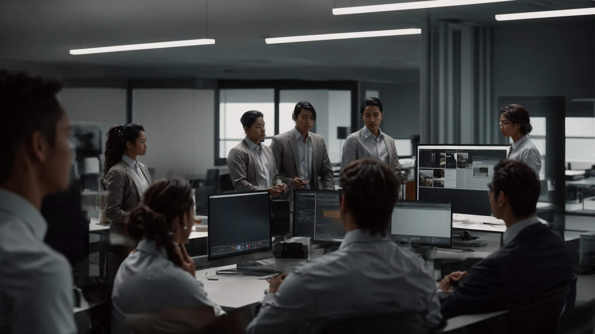 A Team Gathers Around A Sleek Computer In A Modern Office, Discussing An Innovative Web Design Projected On The Screen.
