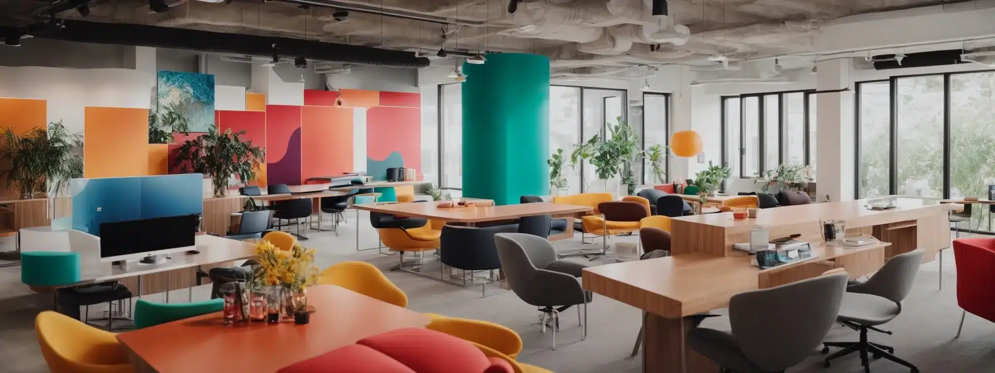 A Vibrant Meeting Room Where Employees, Surrounded By Vivid Brand Colors And Creative Spaces, Collaborate In A Culture-Rich Environment.
