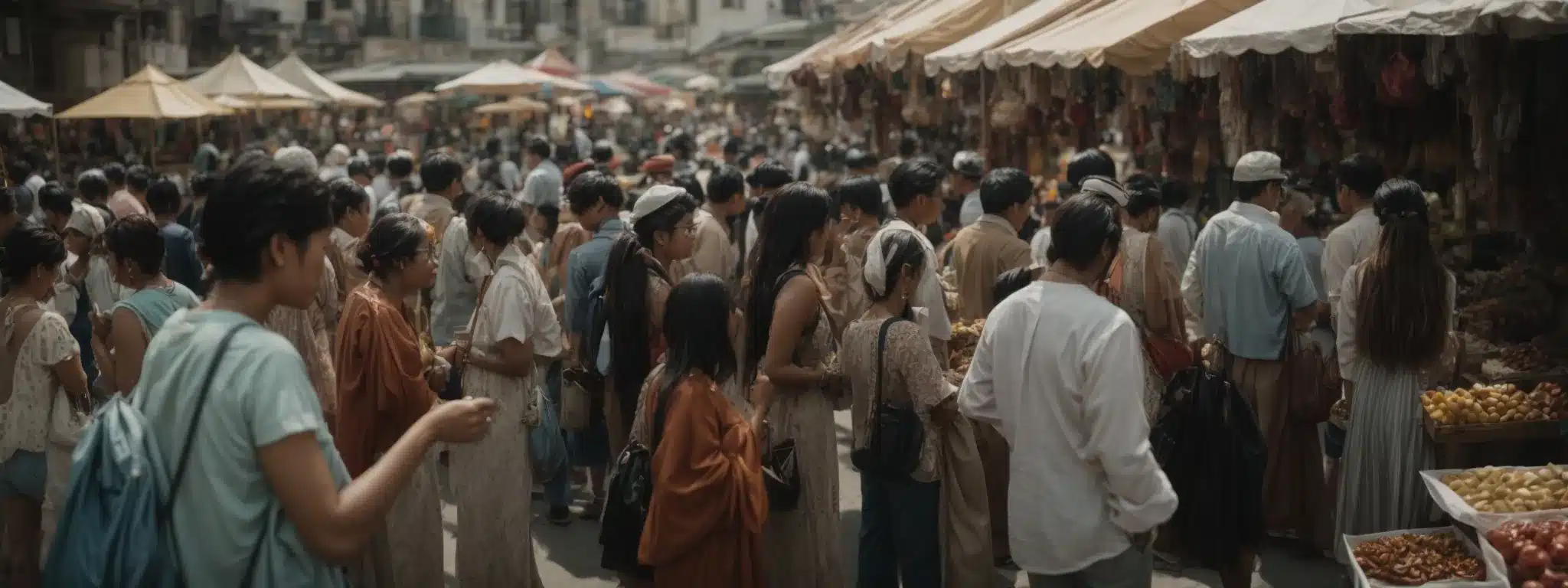 A Diverse Crowd Of People Mingling At An Outdoor Marketplace, Browsing Various Stalls.