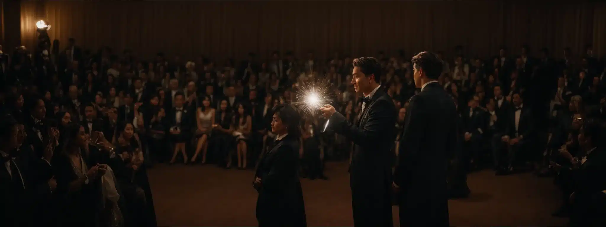 A Magician With A Wand Casting A Light Over A Visibly Enchanted Audience, Symbolizing The Captivating Allure Of Ppc Retargeting.