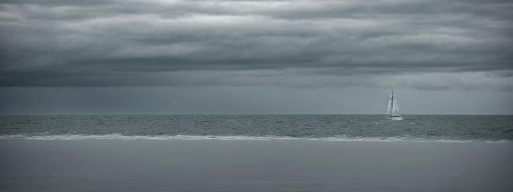 A Solitary Sailboat Sits Motionless Amidst A Vast, Still Ocean Under A Cloudy Sky.