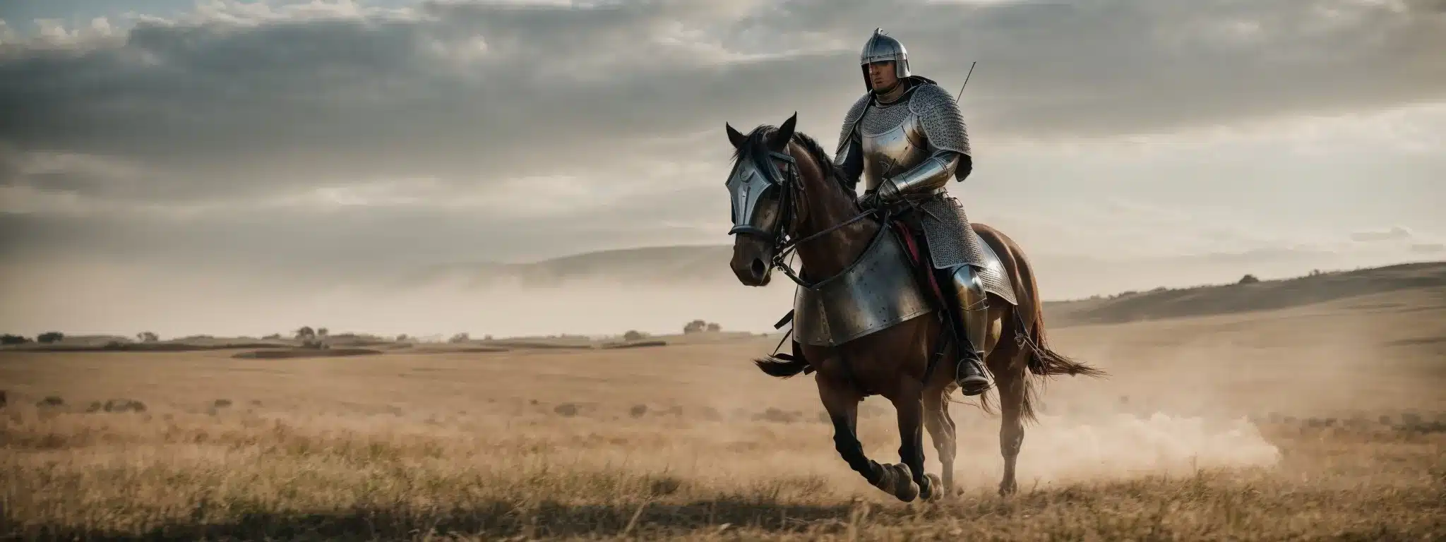 A Medieval Knight In Shining Armor Charging Across An Open Field With A Lance Poised For Action.