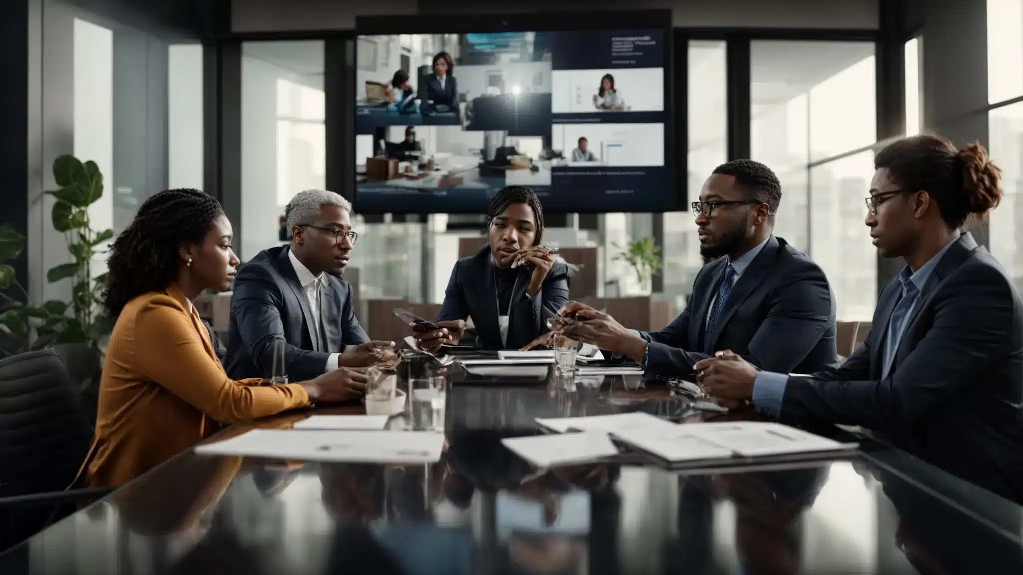 A Diverse Group Of Marketing Professionals Discusses Strategies Around A Conference Table With Multiple Digital Devices And A Large Screen Displaying Advertising Analytics.