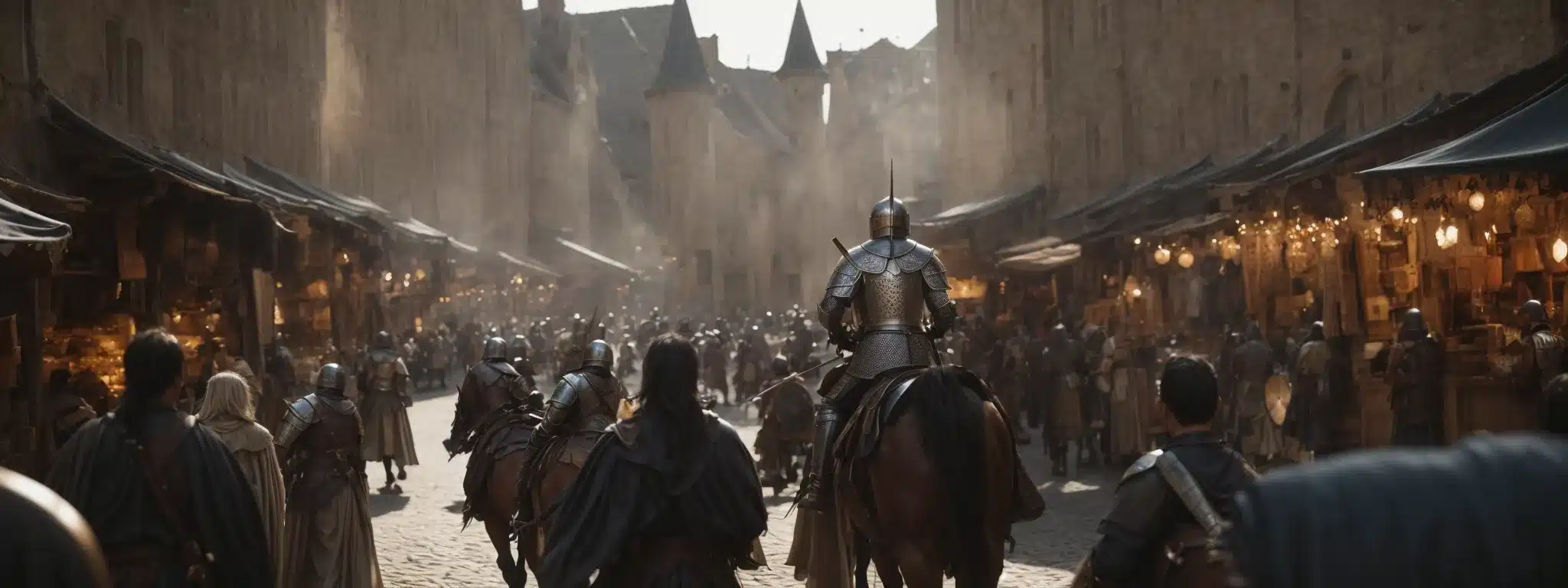 A Knight Galloping Through A Bustling Medieval Marketplace, Wielding A Radiant Sword High Above His Head.