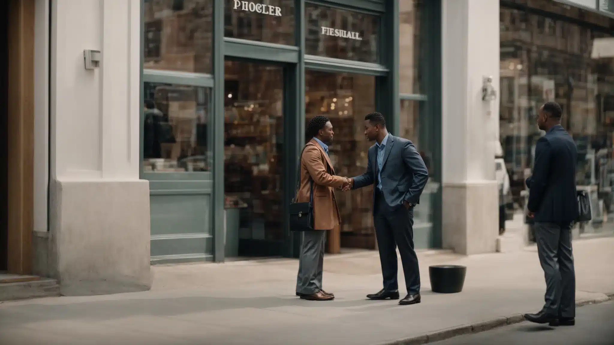 A Person Shaking Hands With A Customer In Front Of A Storefront With A Clearly Displayed, Recognizable Brand Logo.