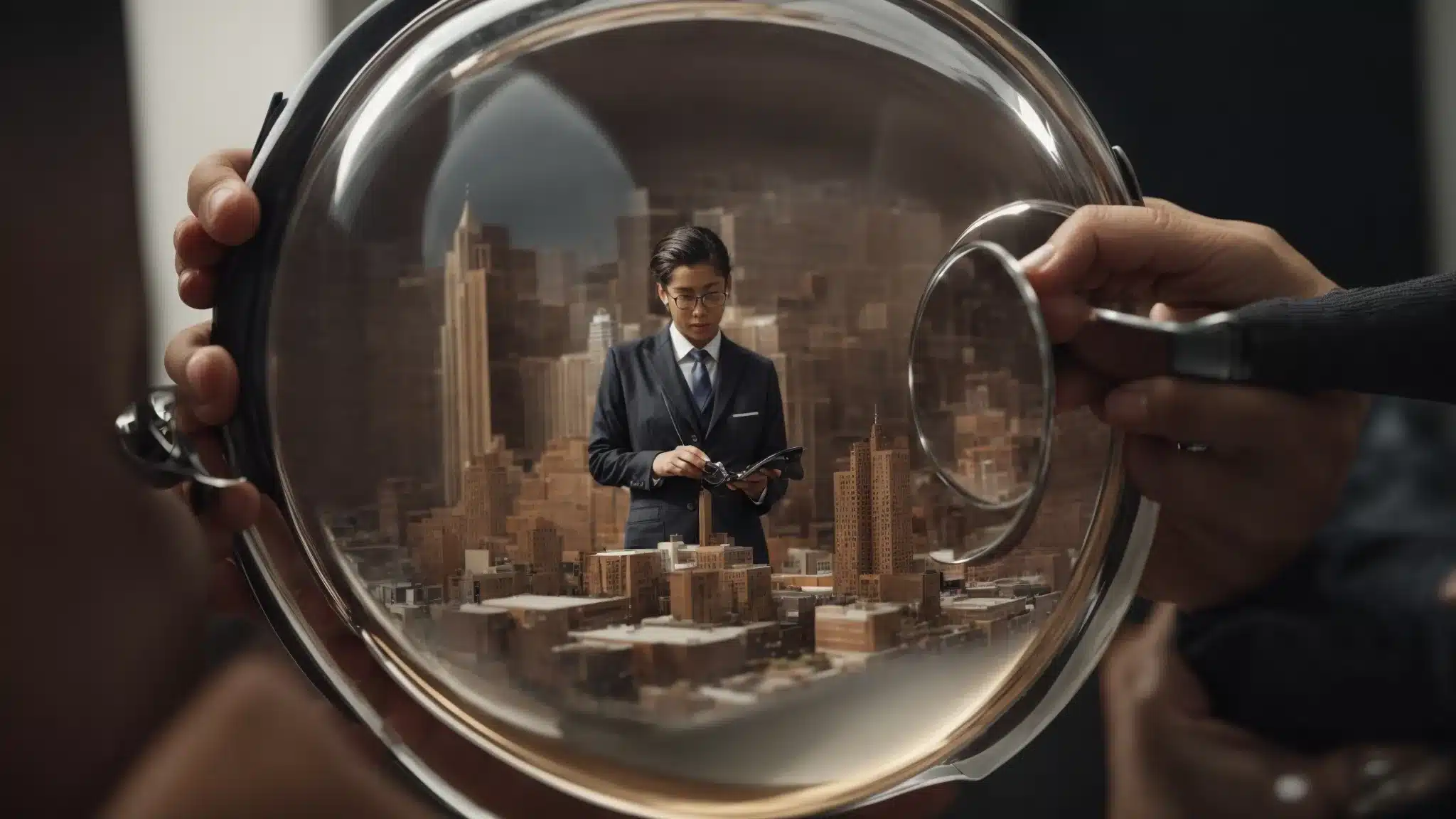 A Marketing Strategist Adjusts A Large Magnifying Glass Over A Model Of A Multifaceted Marketing Campaign.