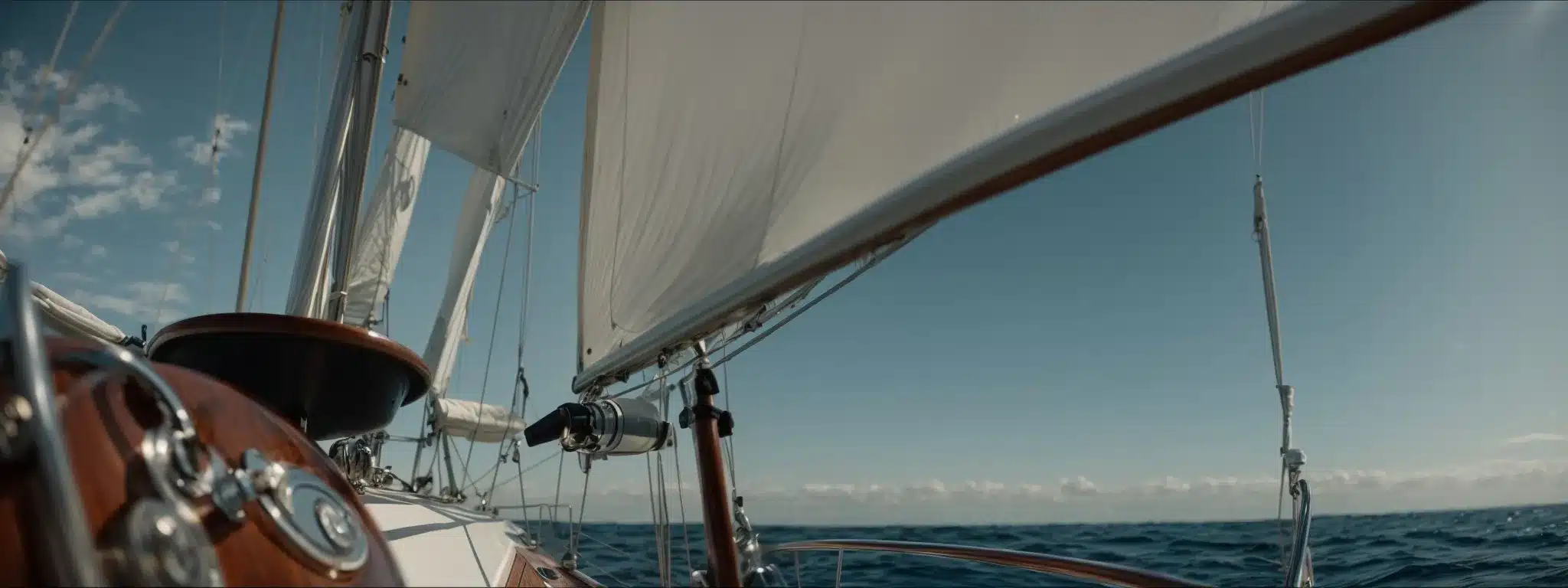 A Captain Stands At The Helm Of A Sailboat, Navigating Through A Clear Blue Sea Under A Wide-Open Sky.