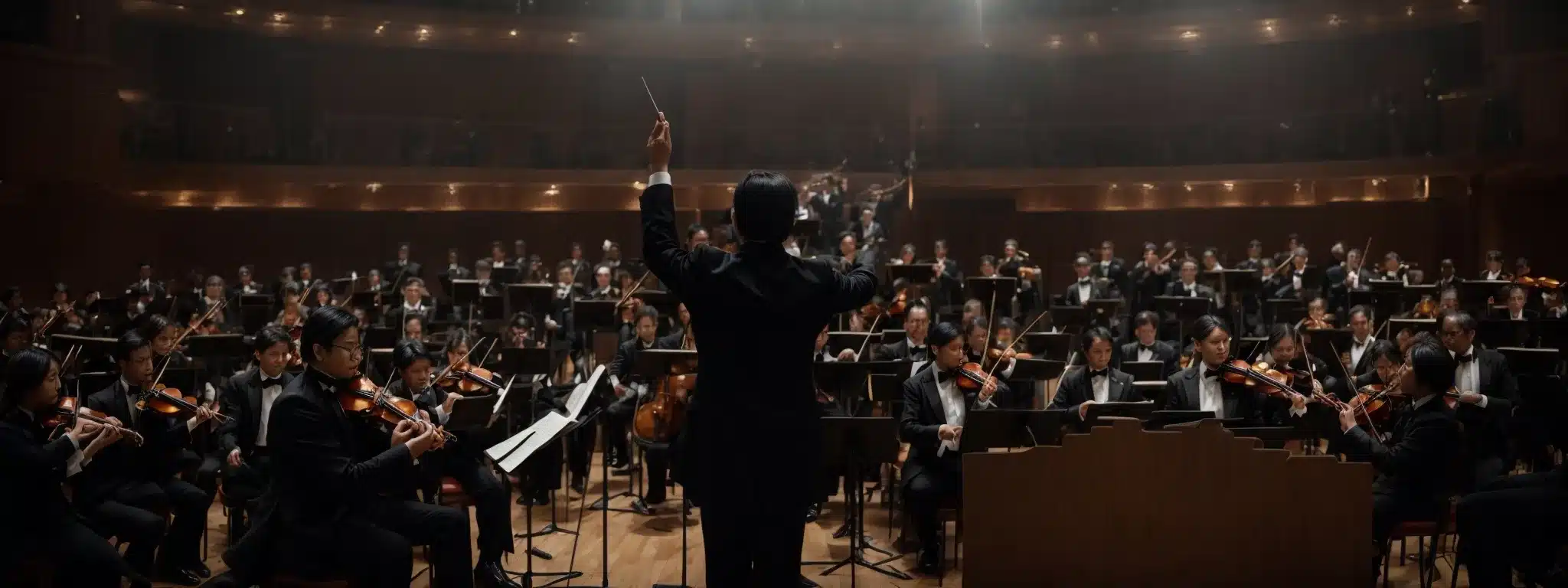 A Conductor With Their Baton Raised Stands Before An Attentive Orchestra, Poised To Harmonize The Ensemble'S Performance.