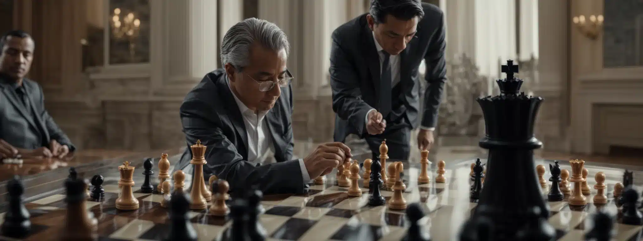 A Grandmaster Confidently Moves A Chess Piece On A Large, Elegant Chessboard Under The Strategic Gaze Of Business Professionals.