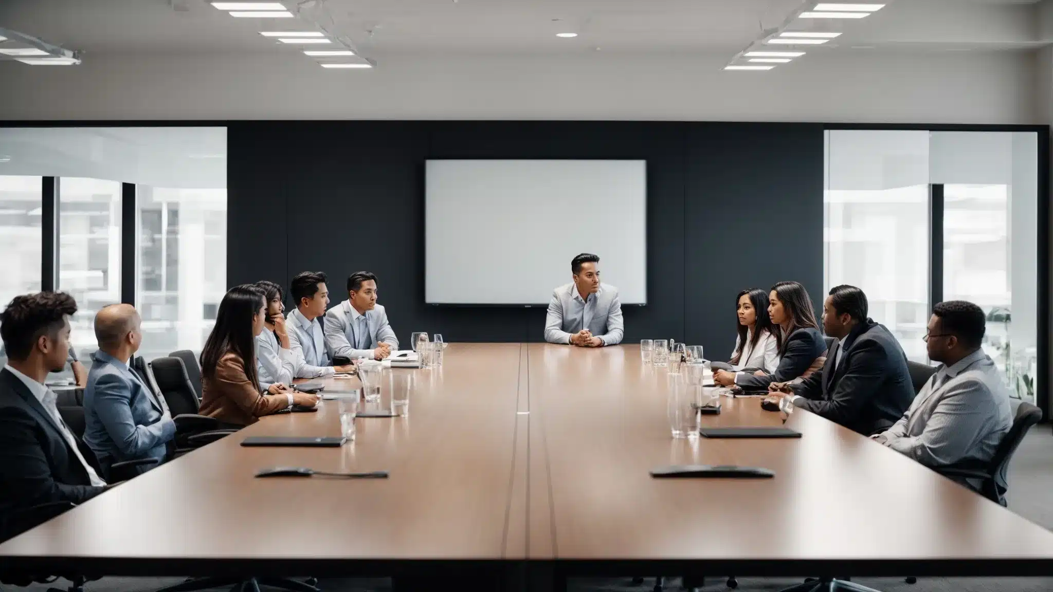 A Smooth, Modern Conference Room With Marketing Professionals Gathered Around A Sleek Table, Brainstorming Ideas On A Large Whiteboard.