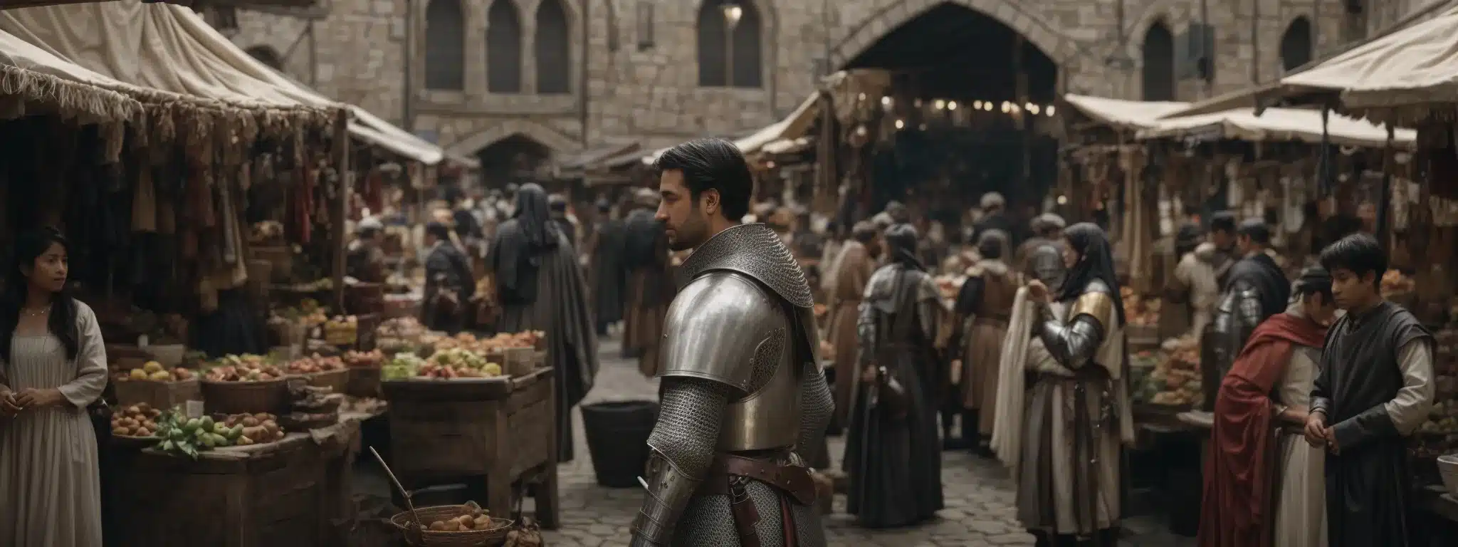 A Knight In Shining Armor Stands In A Bustling Medieval Marketplace, Symbolizing A Distinctive Brand Identity Among Numerous Vendors.