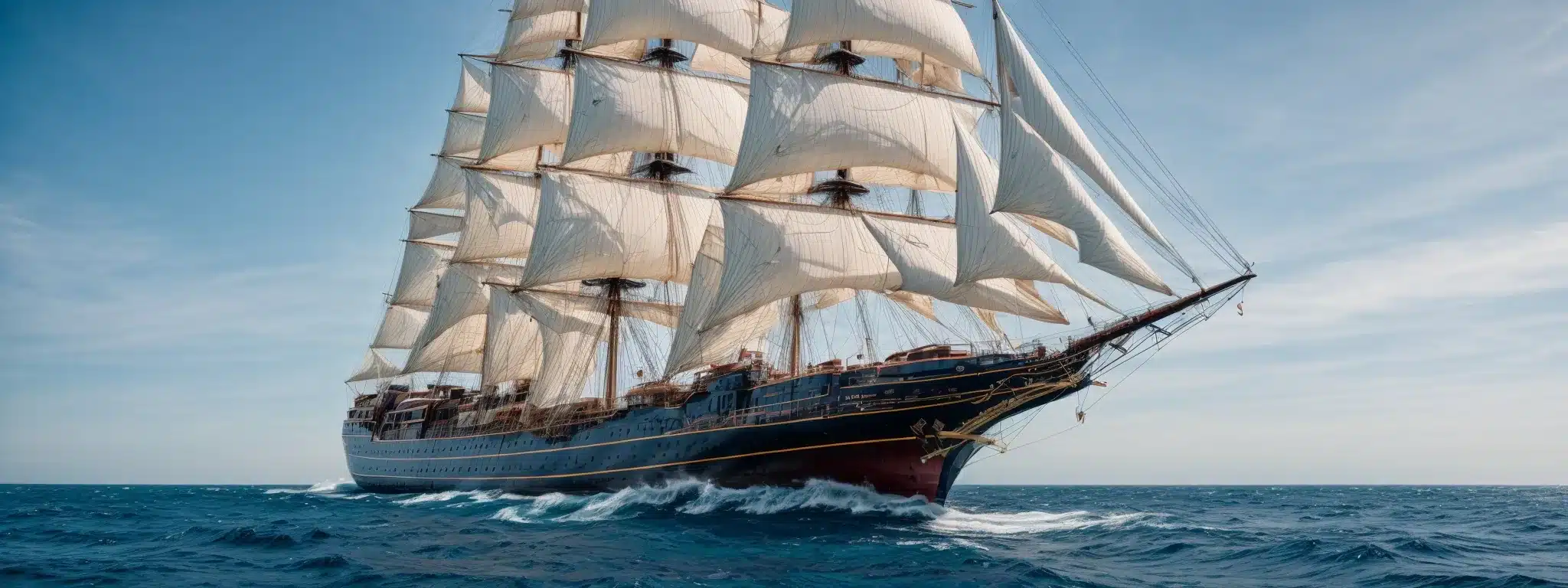 A Majestic Ship With Full Sails Navigating The Vibrant Blue Ocean Under A Clear Sky.