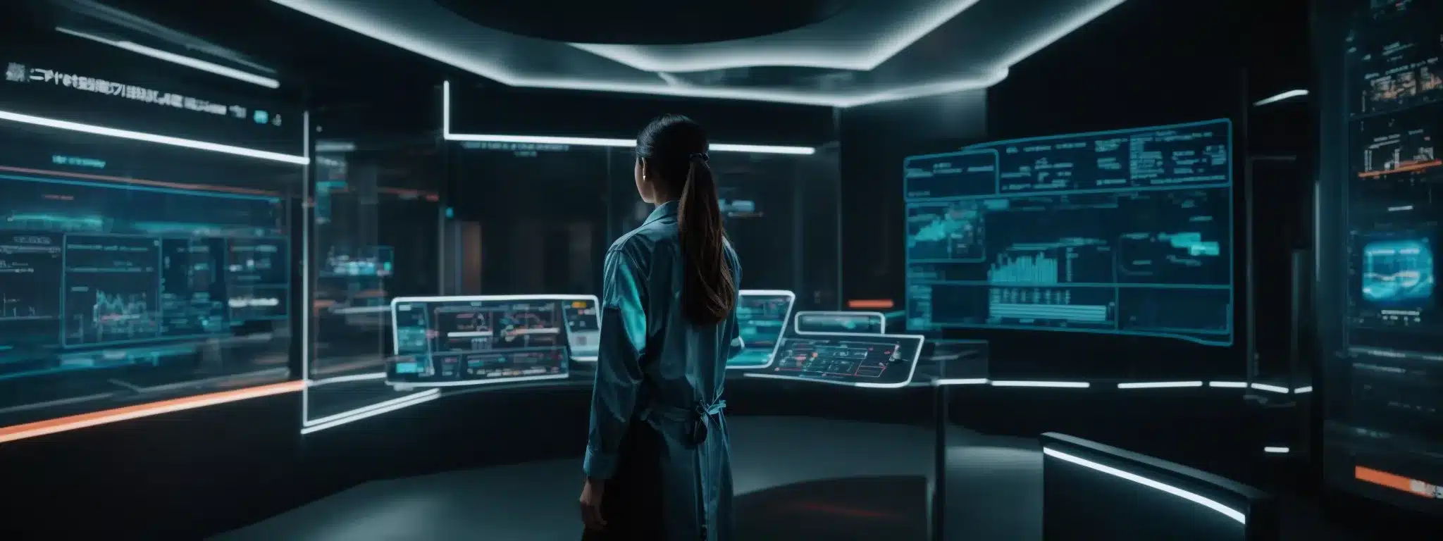 A Person Stands At A Control Panel With Futuristic Holographic Displays, Actively Engaging With Advanced Technology To Enhance A Corporate Brand.