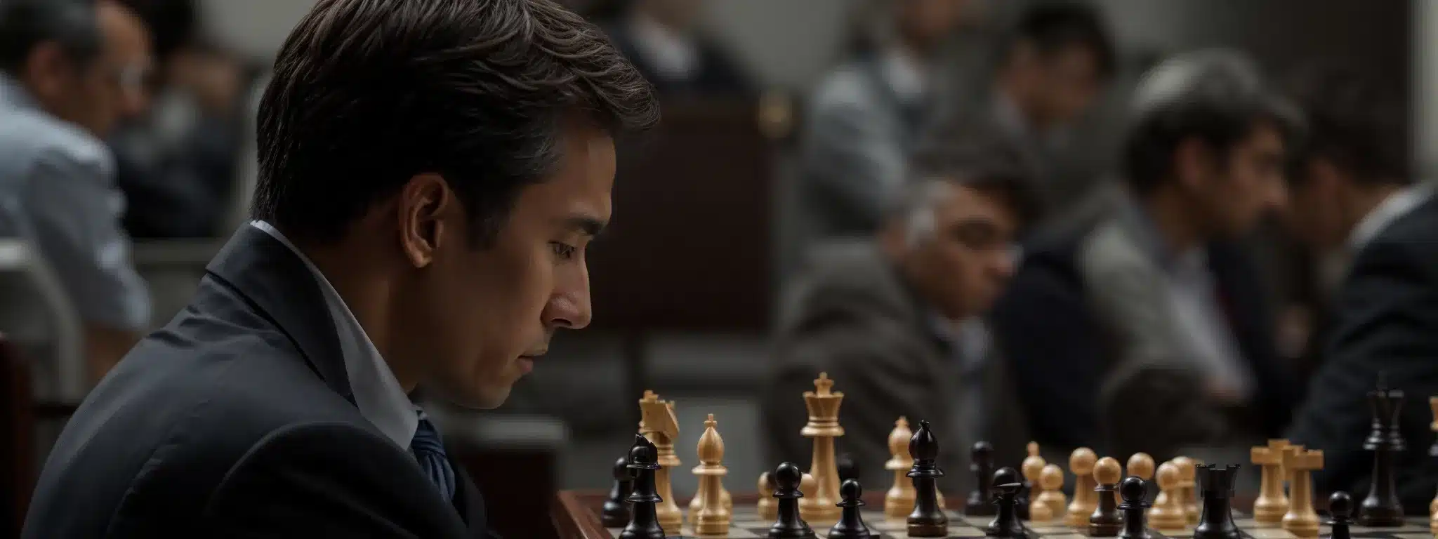 A Chess Grandmaster Ponders Over A Move, With Competitors In The Background Blurred, Evoking Strategic Analysis.