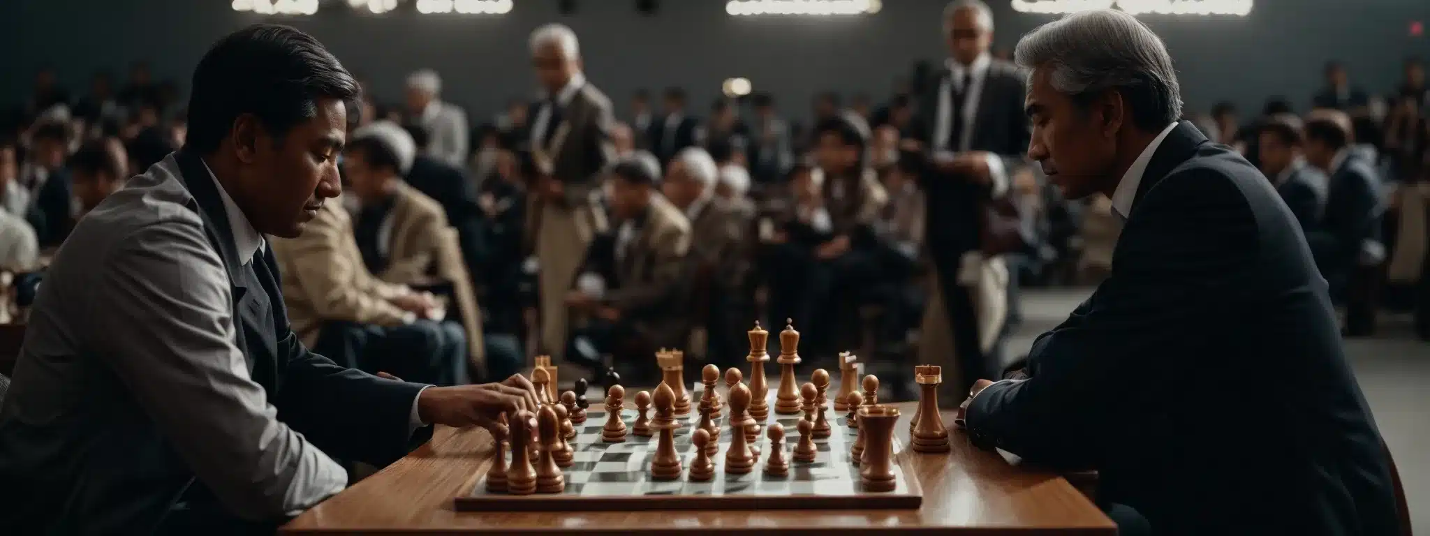 Two Strategic Thinkers Engaged In An Intense Game Of Chess, Surrounded By Blurred Silhouettes Of Spectators.