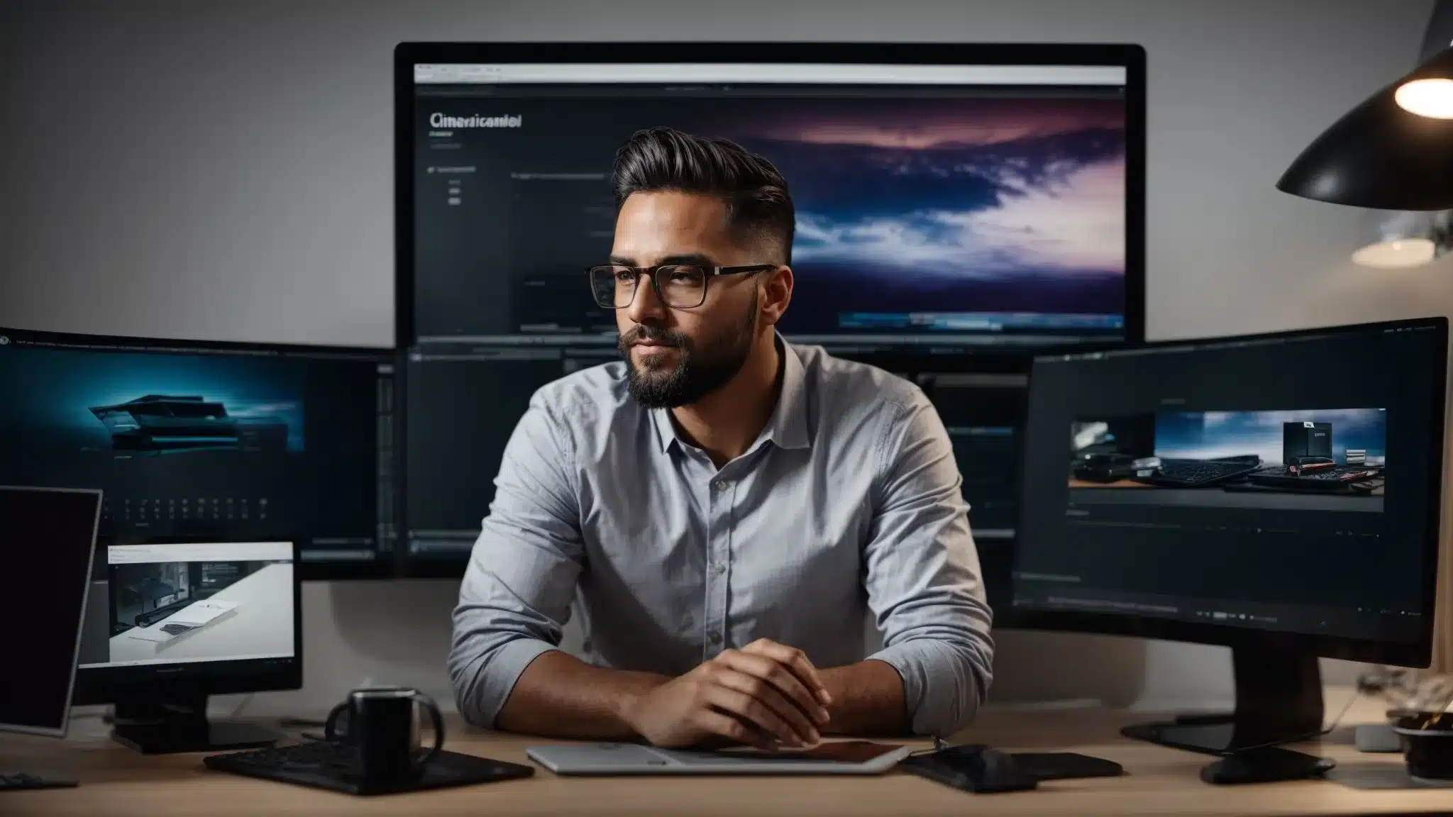 a professional developer sits in front of a dual-monitor workspace, where one screen showcases a sleek wordpress e-commerce website, radiating a sense of digital innovation and business growth.