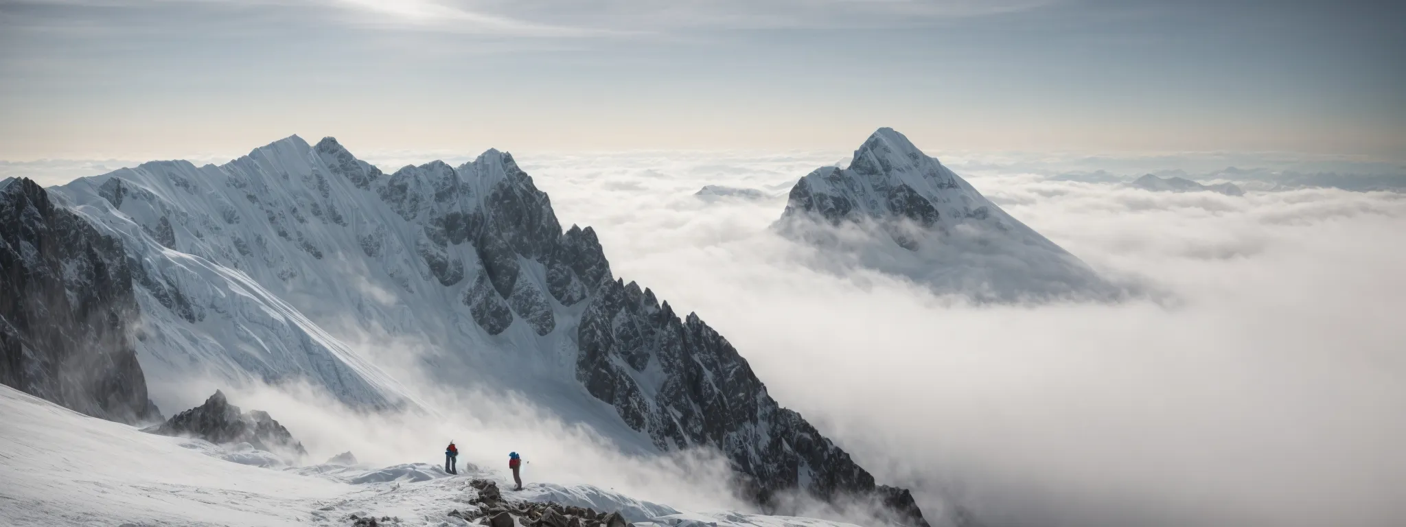 A Mountaineer With A Compass In Hand Assessing Their Route Up A Towering, Mist-Shrouded Mountain Summit.