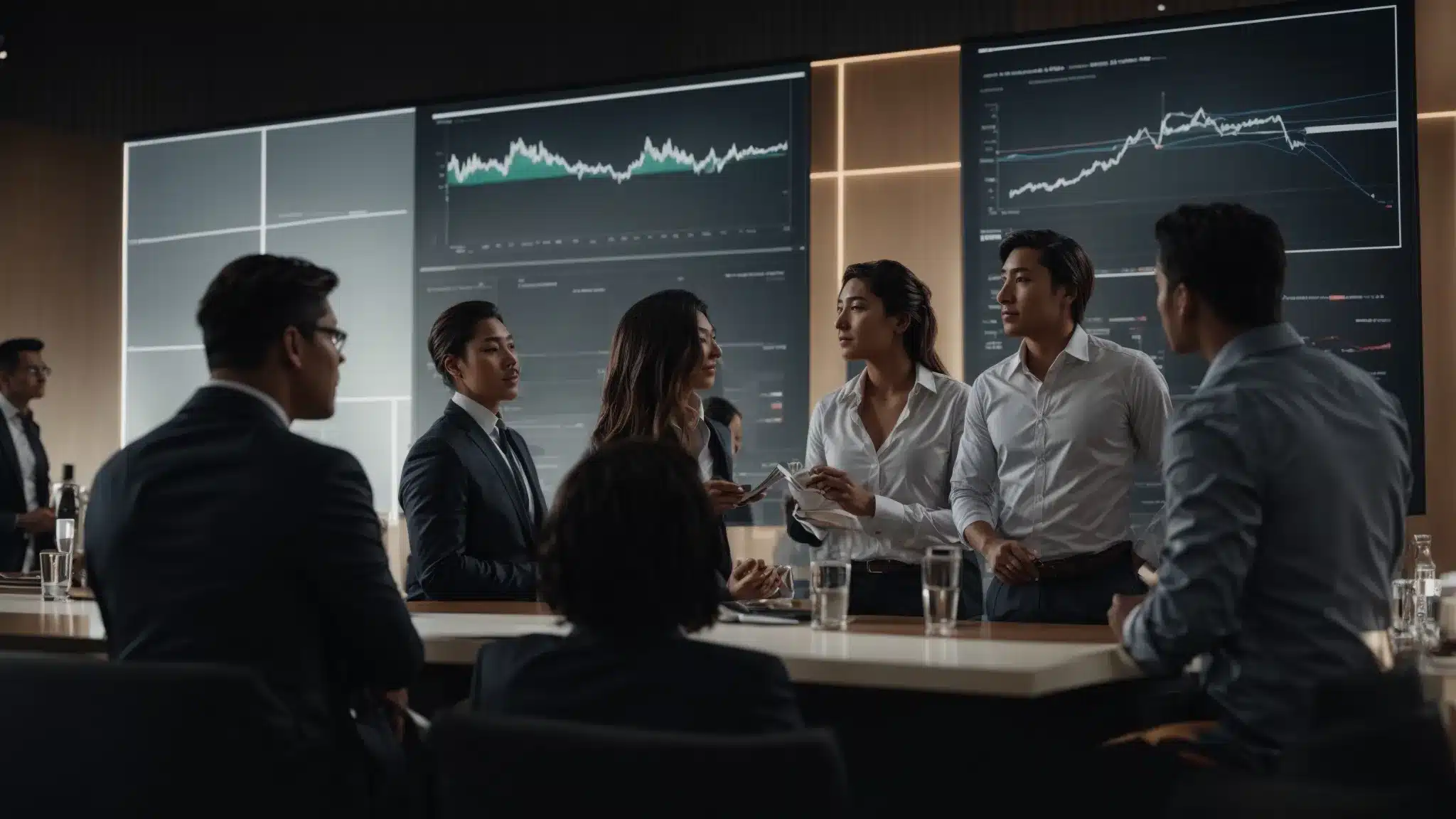 A Group Of Professionals Gathered Around A Digital Screen Showing A Rising Graph That Represents The Success Of Their Holistic Marketing Strategy.