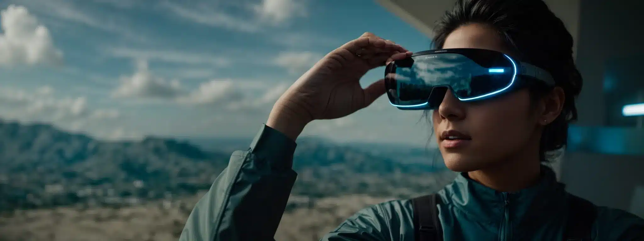 A Person Experiencing A Virtual Landscape With Futuristic Smart Glasses Against A Tech-Inspired Backdrop.