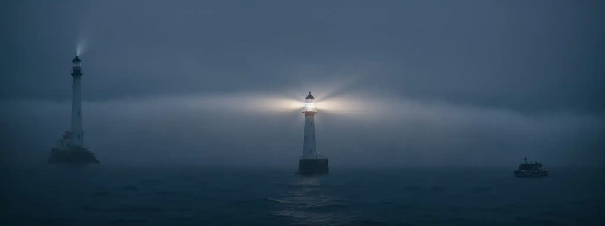 A Lighthouse Beam Cutting Through A Foggy Night, Guiding A Distant Ship Towards A Safe Harbor.