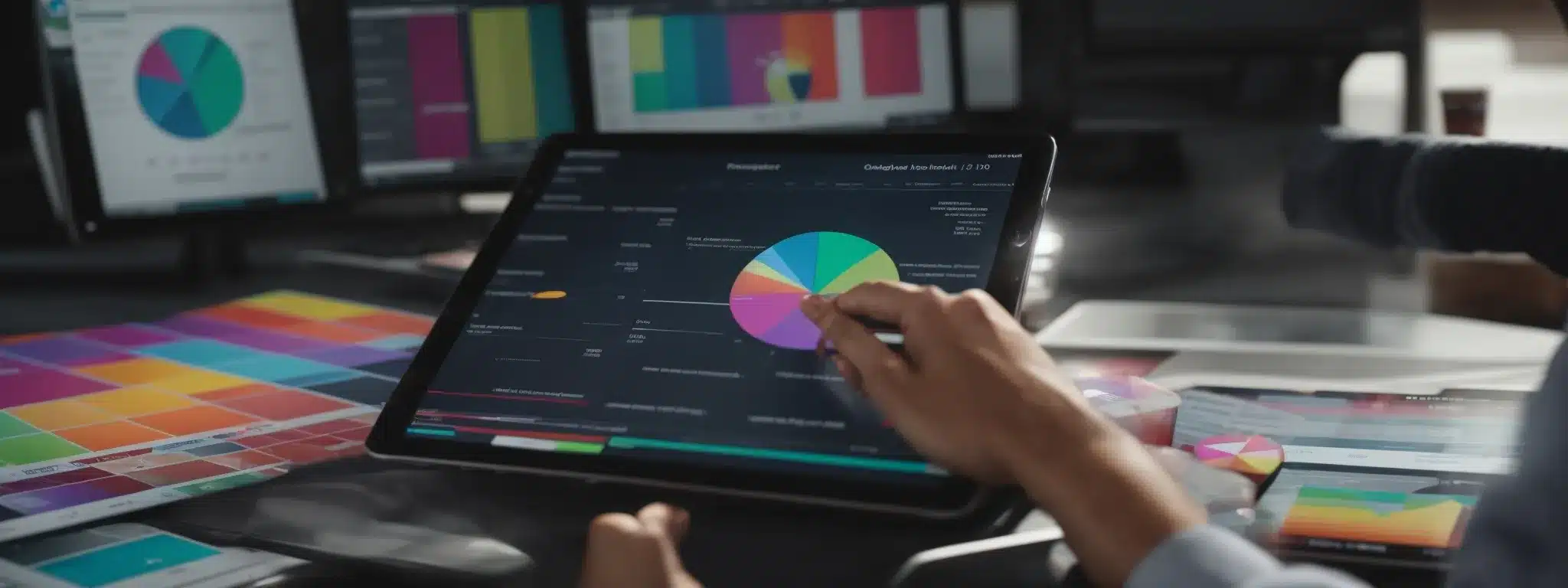 A Marketing Strategist Intently Analyzes A Colorful Pie Chart Representing Market Segments On A Digital Tablet At A Modern Workspace.