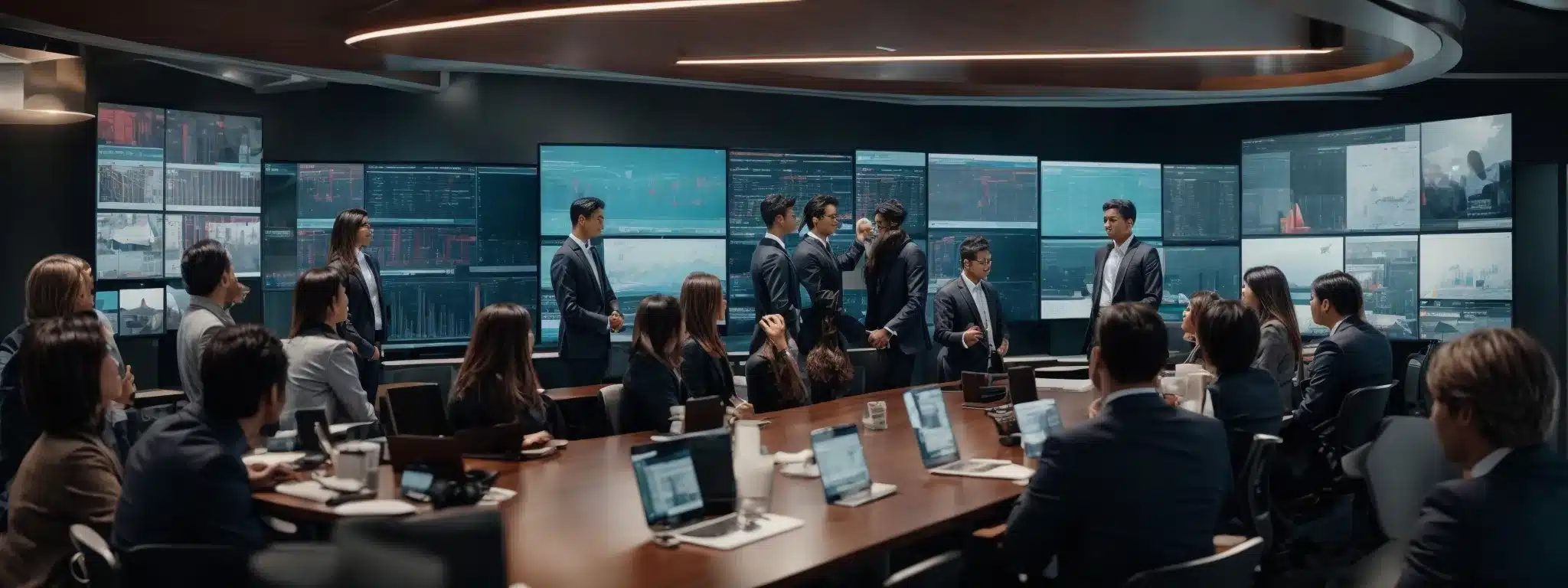 A Group Of Professionals Gather Around A Modern, Bright Conference Table, Focused And Engaged With Vibrant Digital Screens Displaying Marketing Analytics.