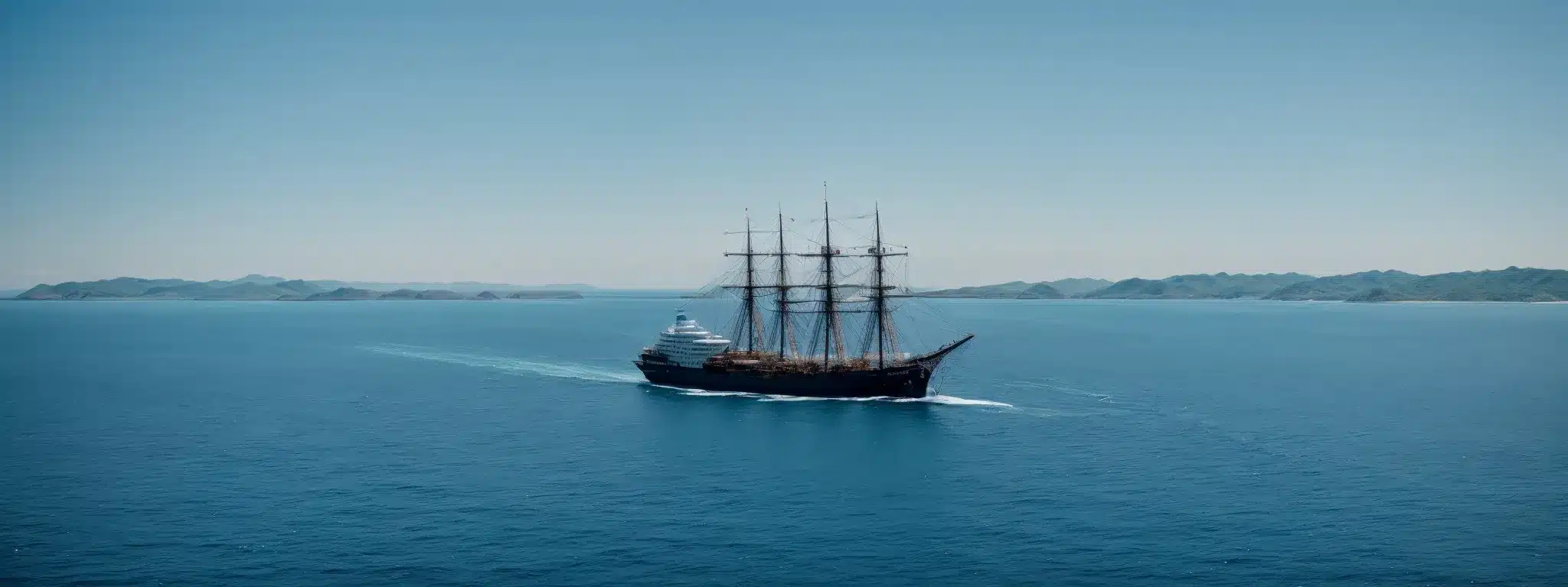 A Ship Sets Sail Towards A Distant, Unexplored Island Under A Clear Blue Sky.