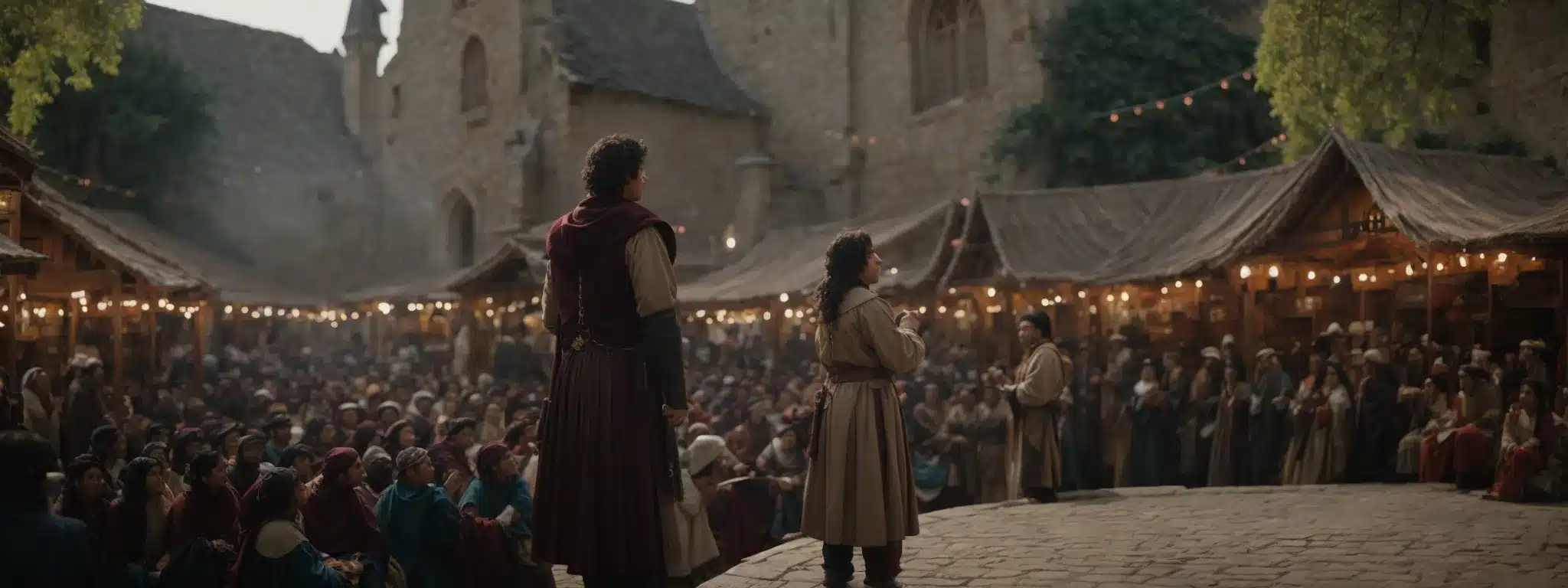 A Bard Confidently Addressing An Enchanted Audience In A Vibrant Medieval Marketplace.