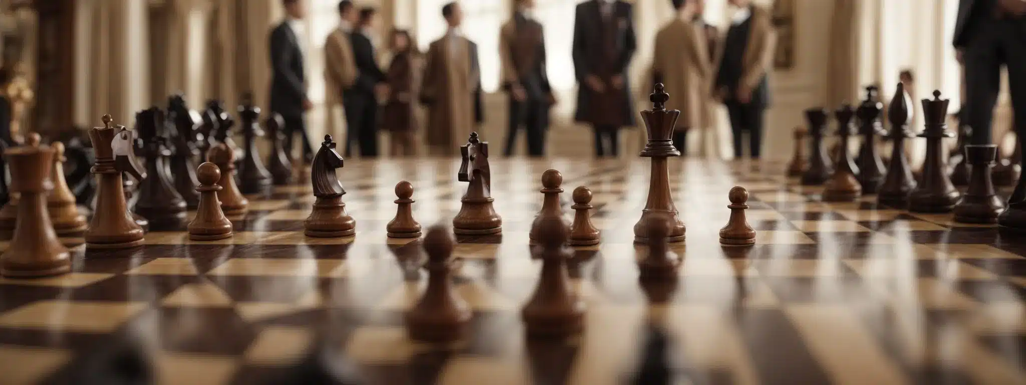 A Chessboard With One Distinguished King Piece Larger Than The Others, Surrounded By Blurred Figures Symbolic Of Competitors.