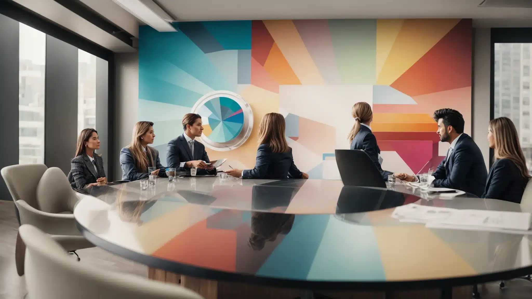 A Marketer Presents A Colorful Pie Chart On Brand Equity To A Group Of Attentive Professionals In A Sleek Conference Room.