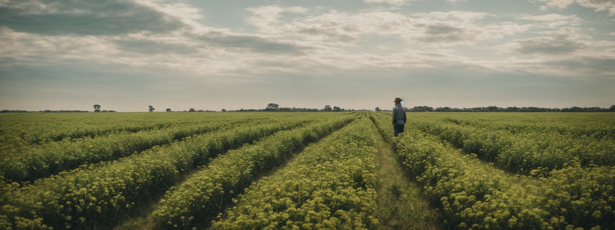 A Person Stands Before A Vast Field, Gazing At Rows Of Flourishing Plants Under A Broad, Sunny Sky.
