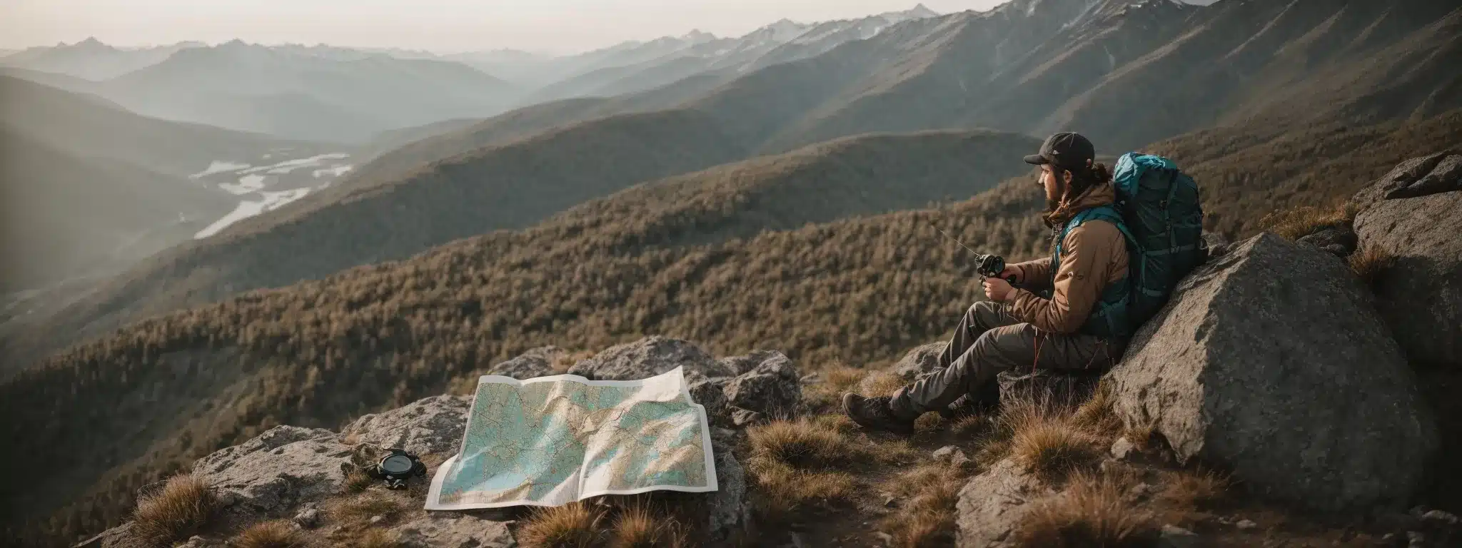 A Mountaineer Uses A Compass And A Map On A Scenic Overlook, Symbolizing Strategy And Navigation In Mobile Seo Terrain.