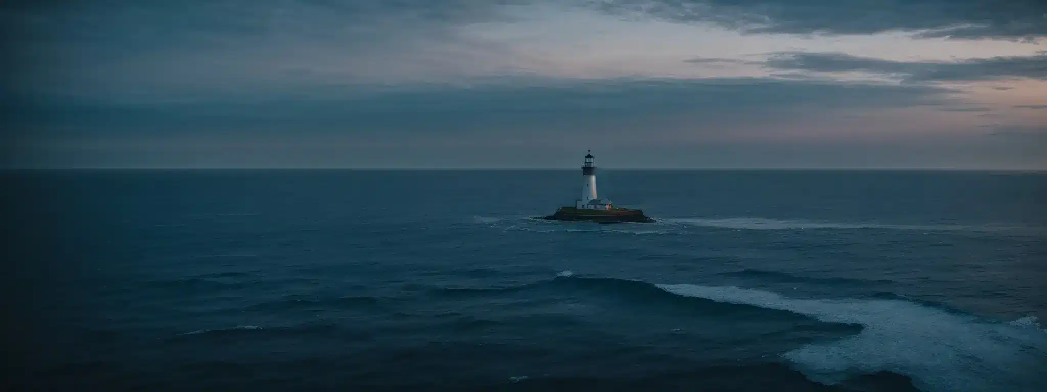 A Majestic Lighthouse Stands Alone, Casting A Unique, Unwavering Light Over The Vast Expanse Of The Ocean At Dusk.