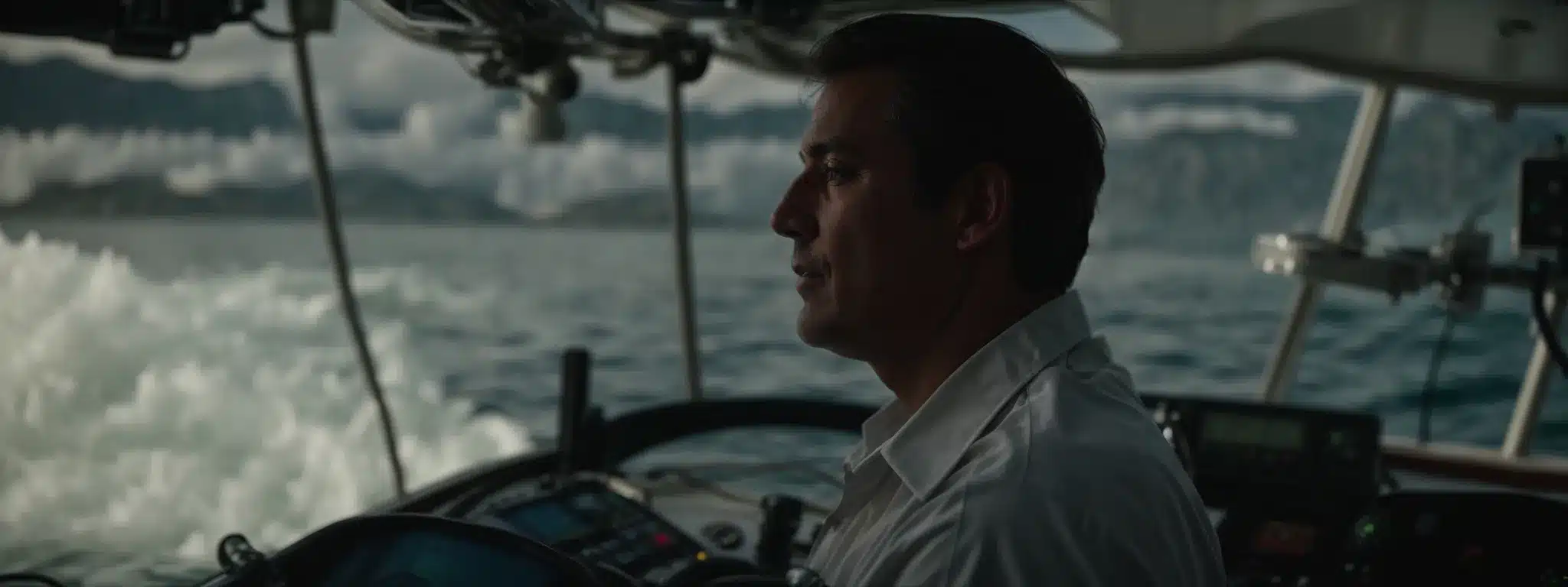 A Captain At A Ship'S Helm, Navigating Through Calm Seas Using Hi-Tech Navigation Equipment.