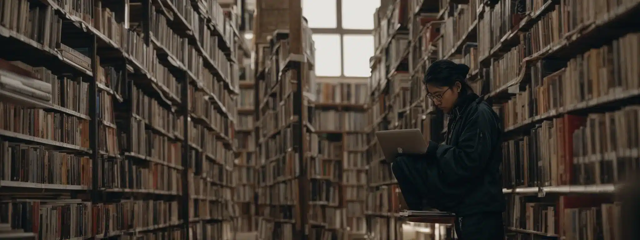 An Individual Working Intently On A Laptop Amidst A Library Of Thick Tomes, Symbolizing The Fusion Of Traditional Knowledge And Modern Digital Content Creation.