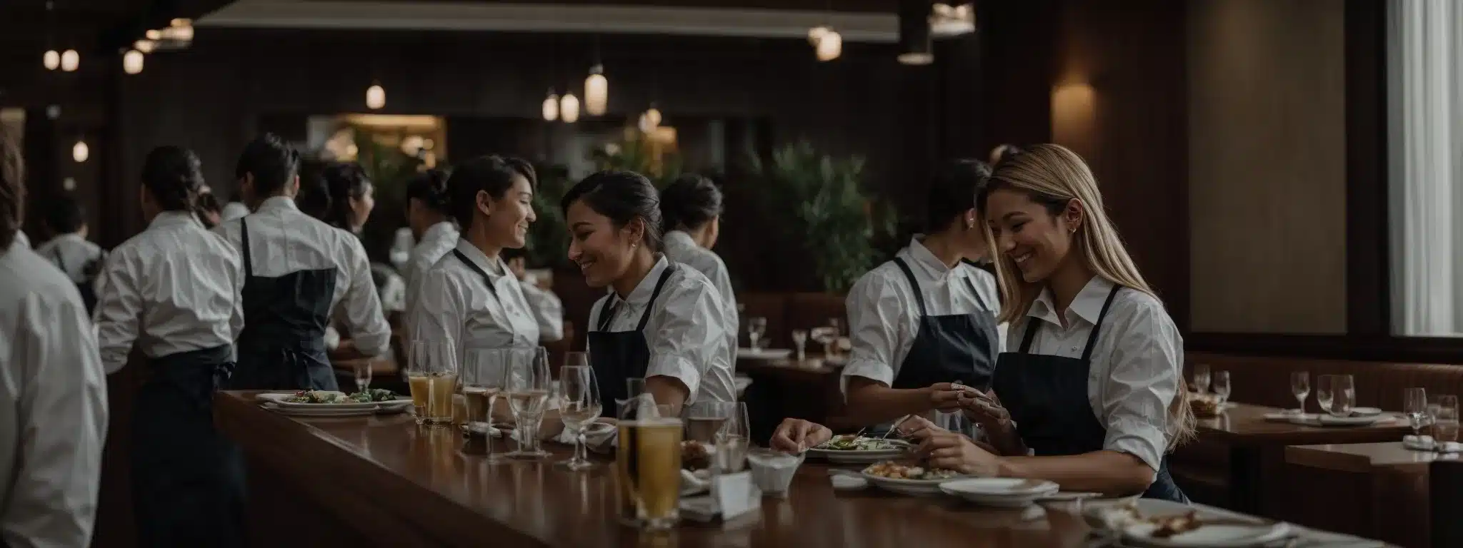 A Team Of Smiling Waitstaff Gracefully Attending To Diners At An Elegant Restaurant.