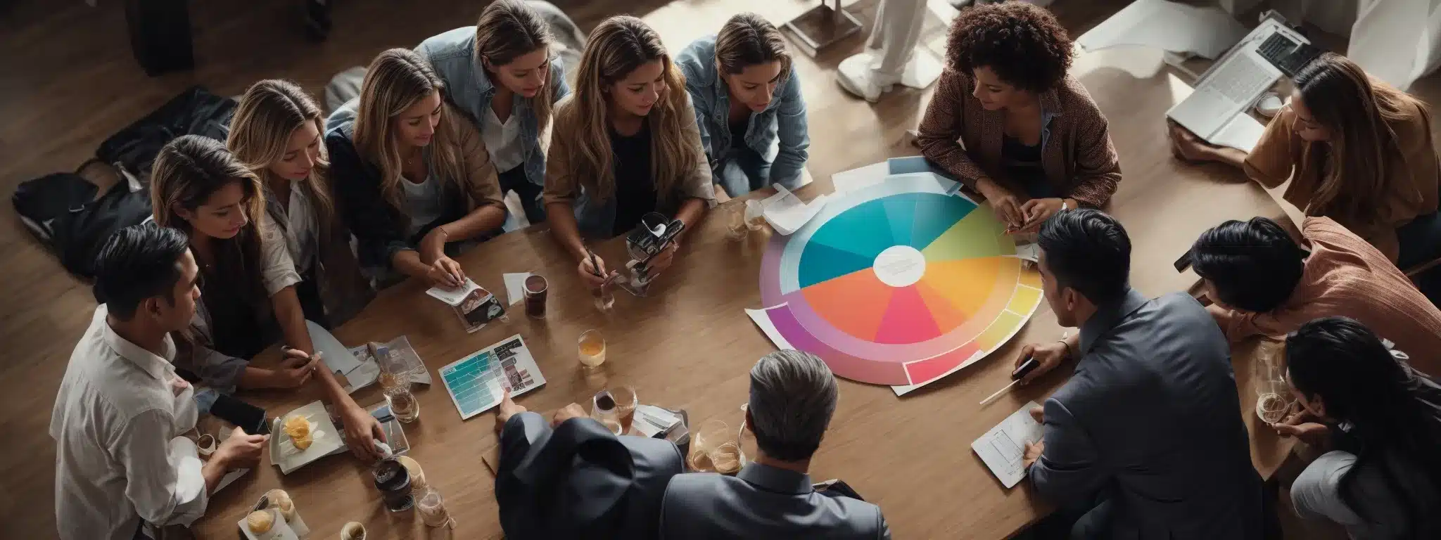 A Group Of Marketers Gathered Around A Table, Brainstorming Over A Vibrant Market Segmentation Chart.