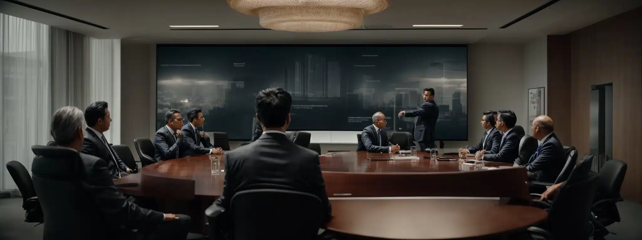 An Executive Team Strategizes Around A Conference Table, Aligning Their Brand Vision With The Corporate Identity Depicted On The Central Screen.