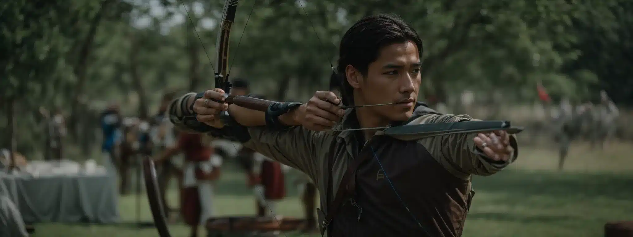 A Focused Archer Aiming An Arrow At A Distant Target.