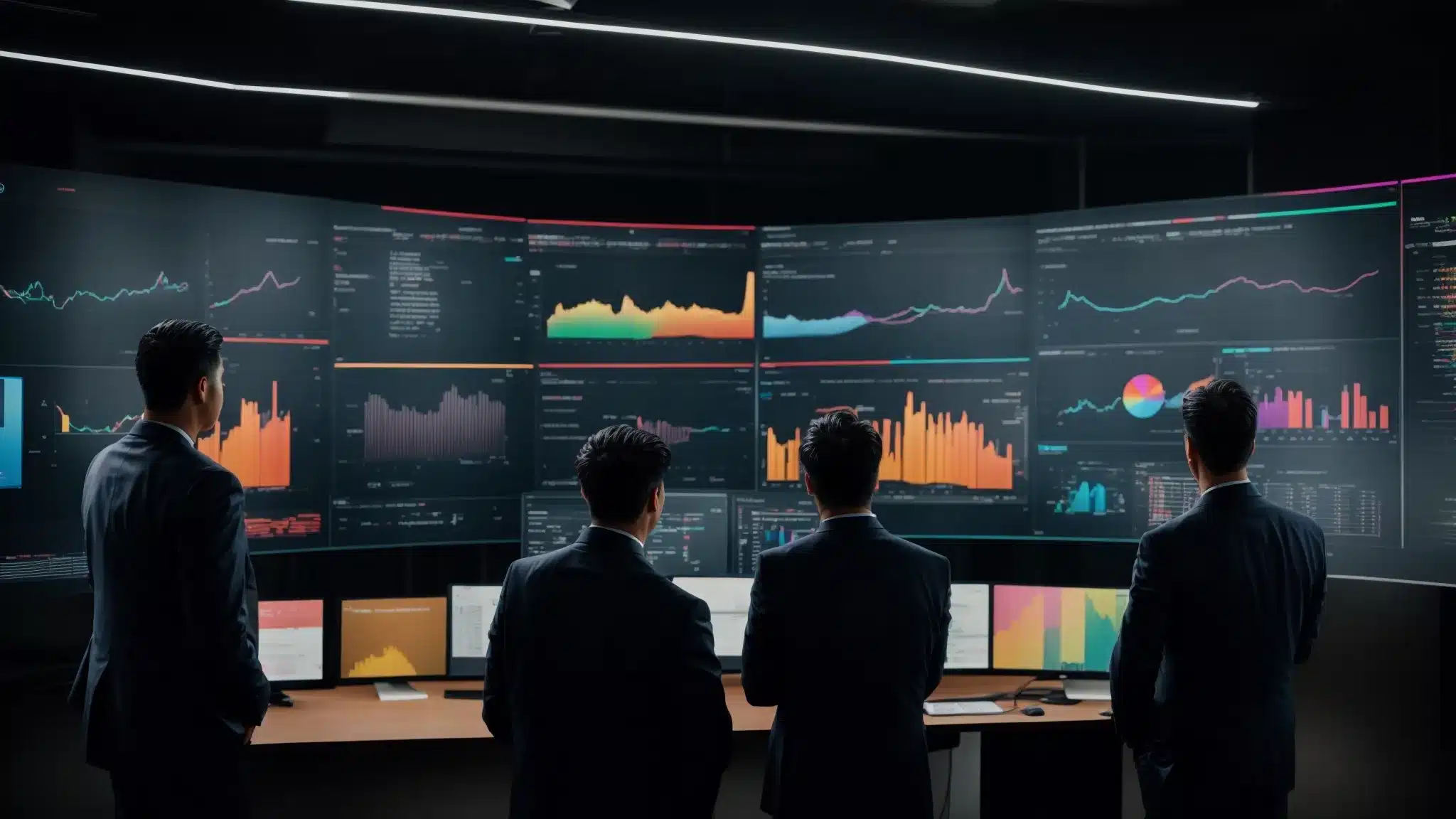 A Team Of Professionals Gathered Around A Large Screen Displaying Colorful Graphs And Customer Data.