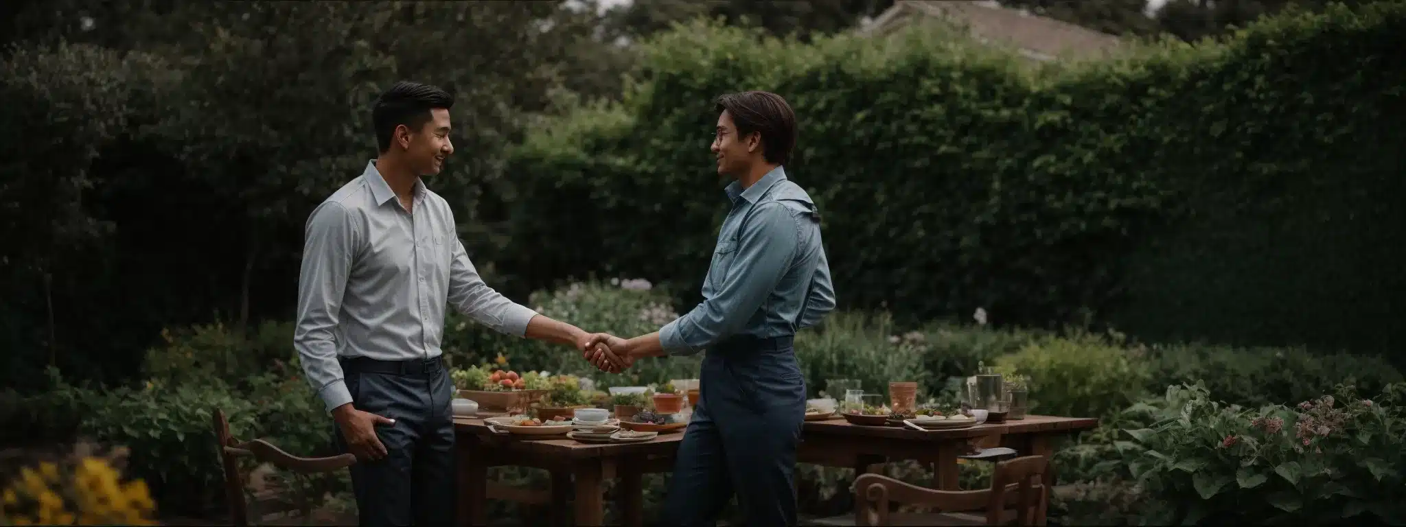 Two Professionals Shaking Hands Across A Table With A Flourishing Garden In The Background.