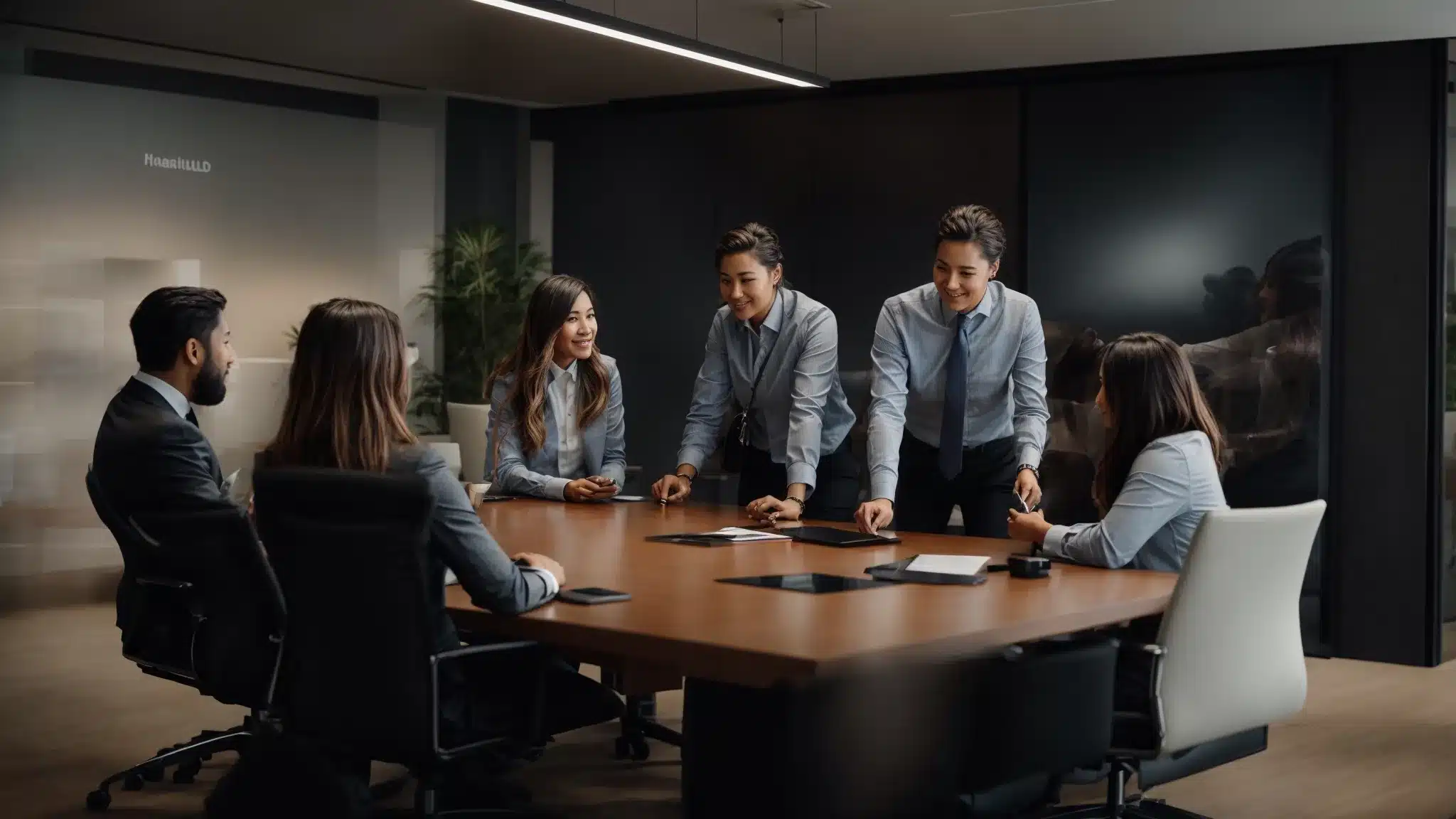 A Marketing Team Enthusiastically Discusses Tactics Around A Boardroom Table With Brand Visuals On Display.