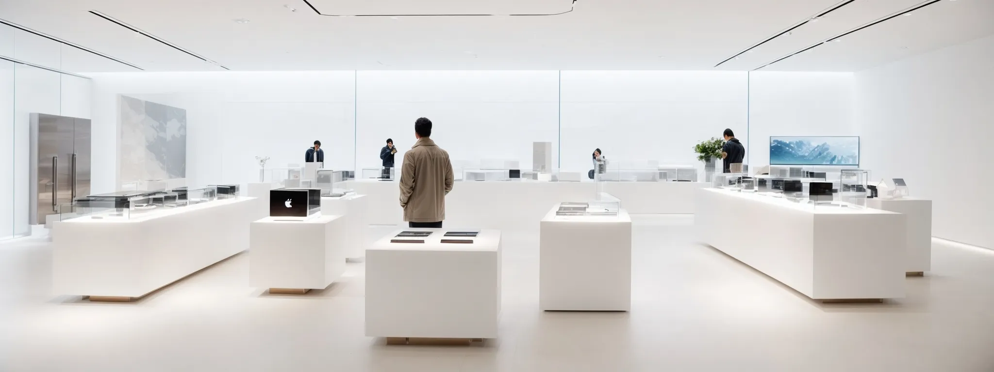 An Attendee Marvels At The Sleek, Minimalist Design Of New Apple Products Displayed In A Bright, White, Modern Showroom.
