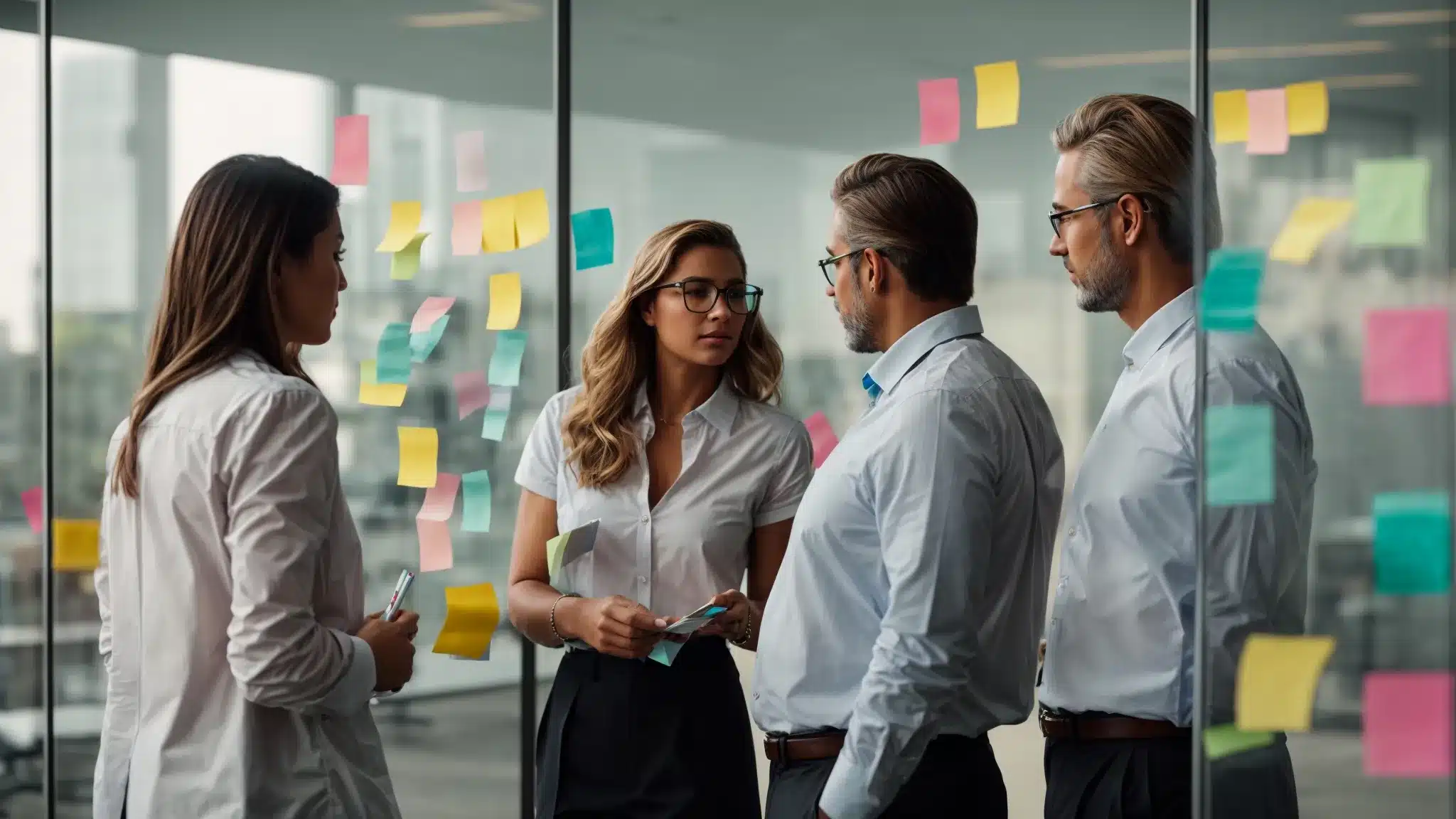 Executives Brainstorming Over A Transparent Glass Board With Colorful Sticky Notes Outlining Brand-Related Concepts.
