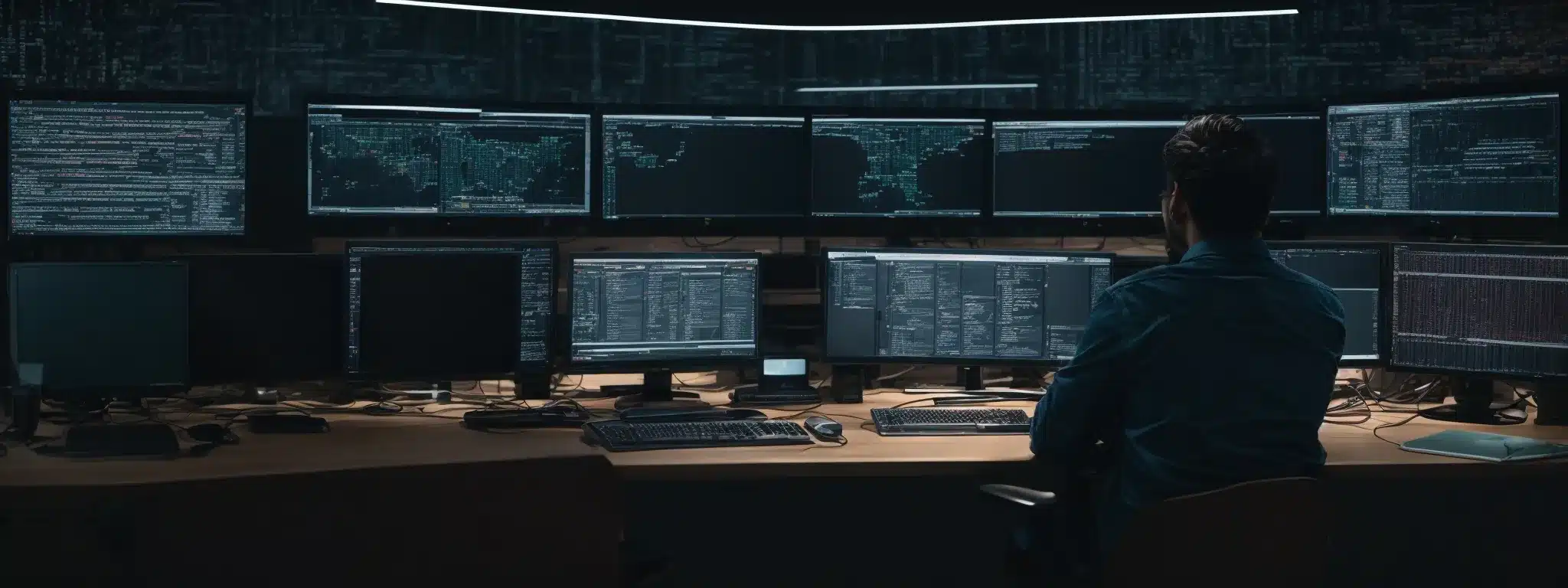 A Person Sitting At A Computer Desk, Surrounded By Multiple Monitors Displaying Lines Of Code And Web Design Layouts.