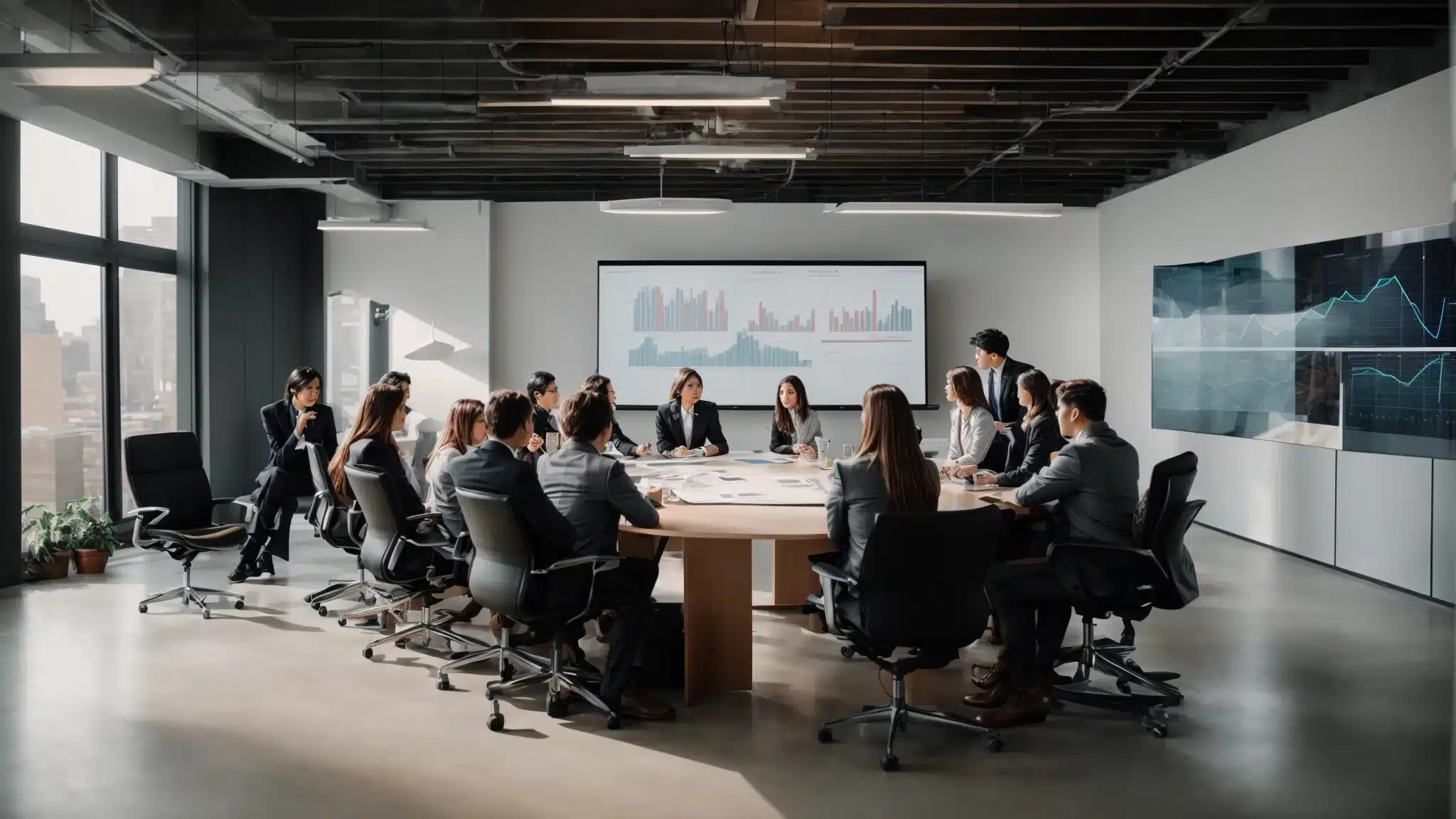 A Marketing Team Gathers Around A Bright Conference Room Table, Brainstorming Ideas With Graphs And Charts Projected On The Wall.