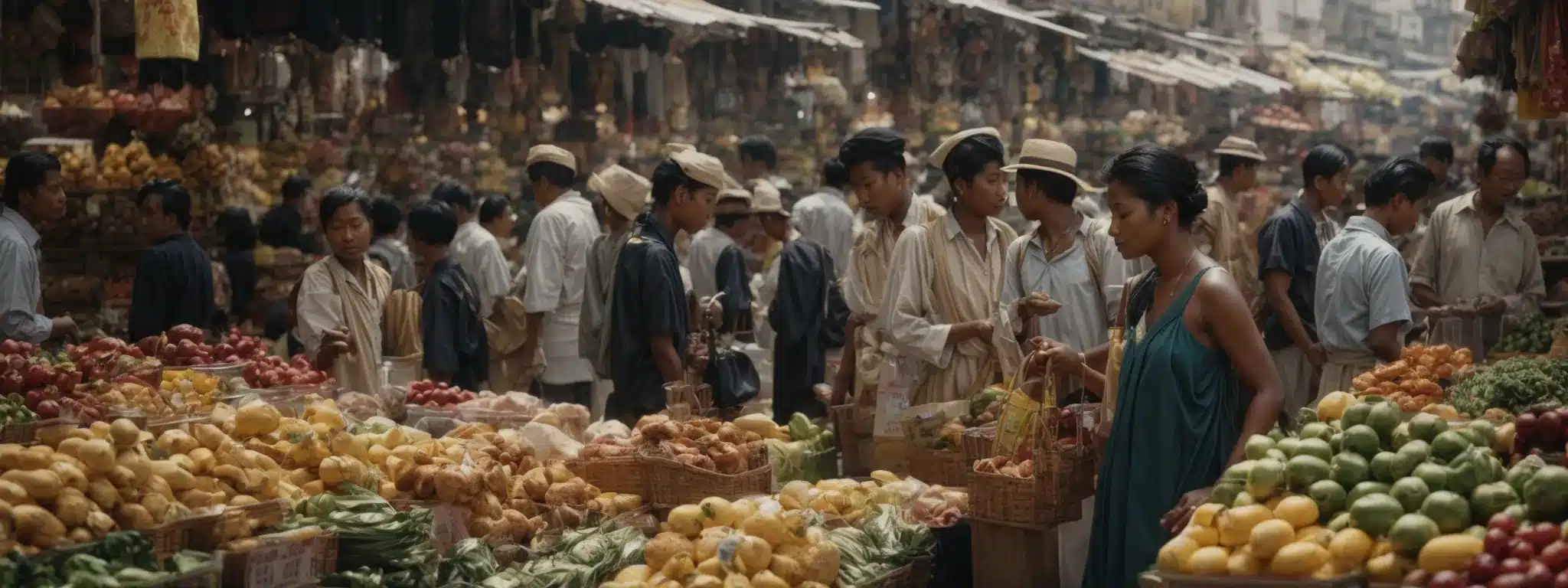 A Bustling Market Scene With Diverse Shoppers Examining Various Products With Visible Price Tags.