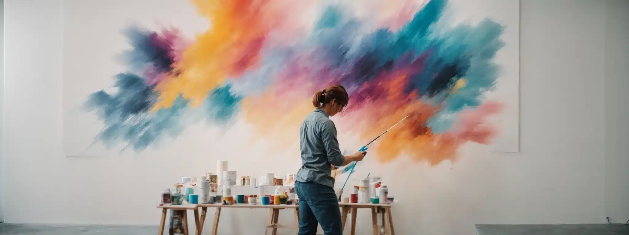 A Designer Thoughtfully Painting A Vibrant, Abstract Logo Onto A Large Canvas In A Well-Lit, Modern Studio.