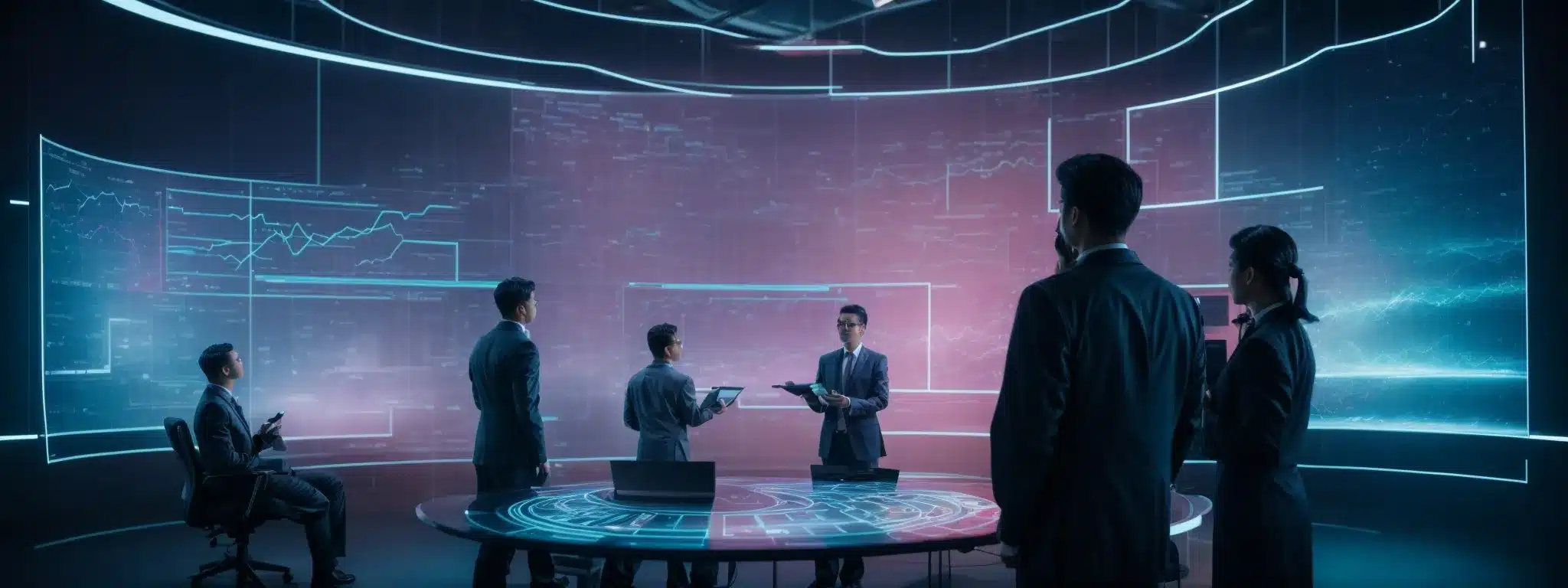 A Group Of Professionals Gathered Around A Futuristic Holographic Display, Strategizing Over Dynamic, Digital Graphs And Charts.